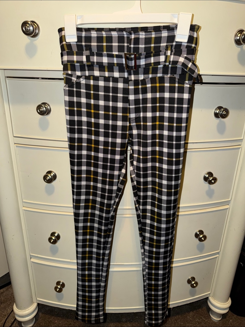Plaid Black & White Stretch Pants with Belt